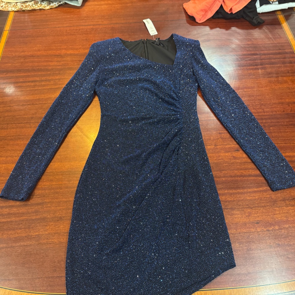 Elegant Blue Long Sleeve Dress Sparkling Prom Dress